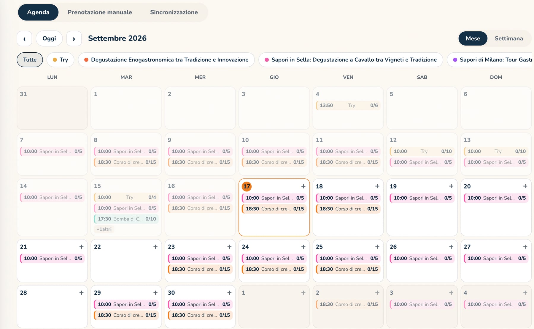L’agenda dell’area host: un mese di date con orari, esperienza e posti prenotati.